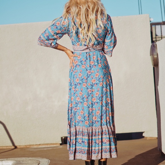Bohemian Spell Style Blue Kimono Wrap Maxi Dress - Picture 8 of 8